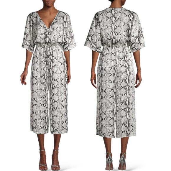 BB DAKOTA Lines in the Sun Python Snake Print Satin Jumpsuit Surplice Black Gray - Picture 12 of 13